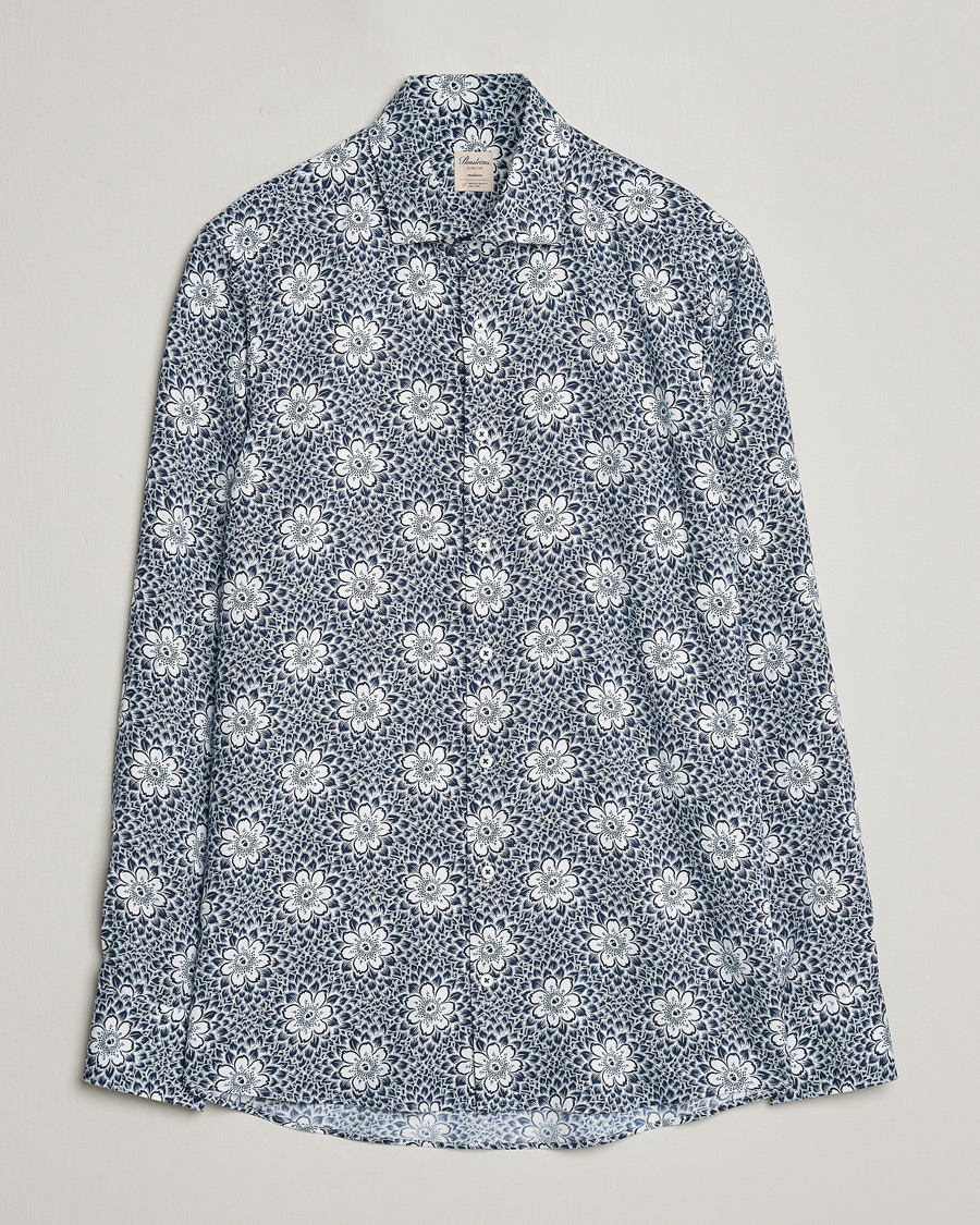 Men | Shirts | Stenströms | Slimline Cut Away Printed Viscose Shirt Blue