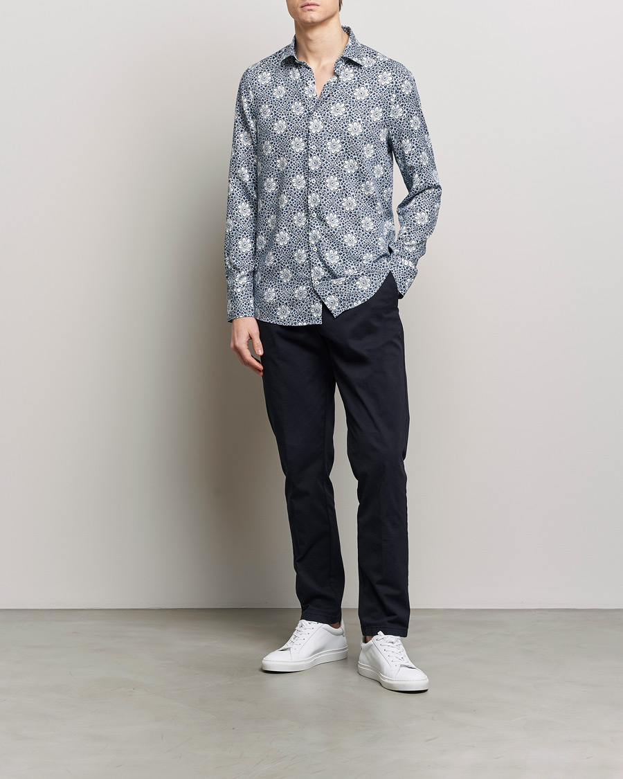 Men | Shirts | Stenströms | Slimline Cut Away Printed Viscose Shirt Blue