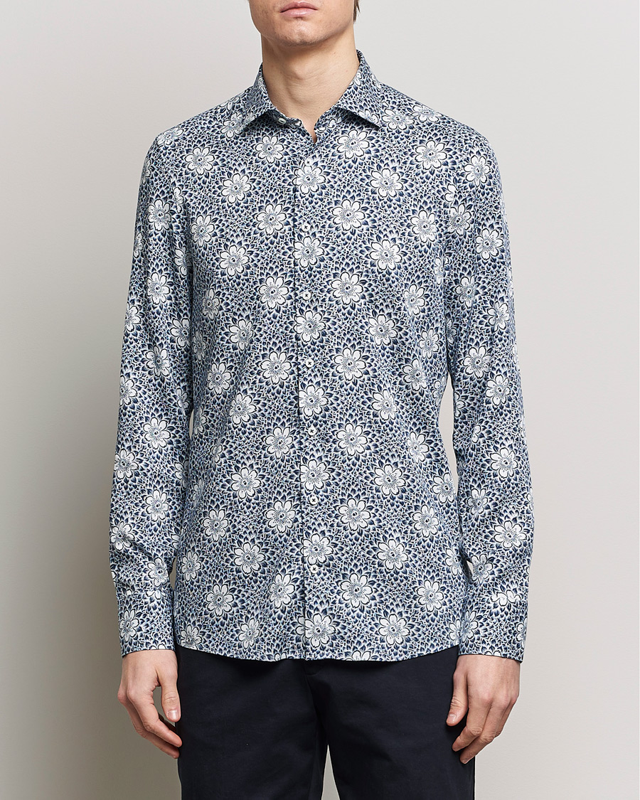Men | Shirts | Stenströms | Slimline Cut Away Printed Viscose Shirt Blue