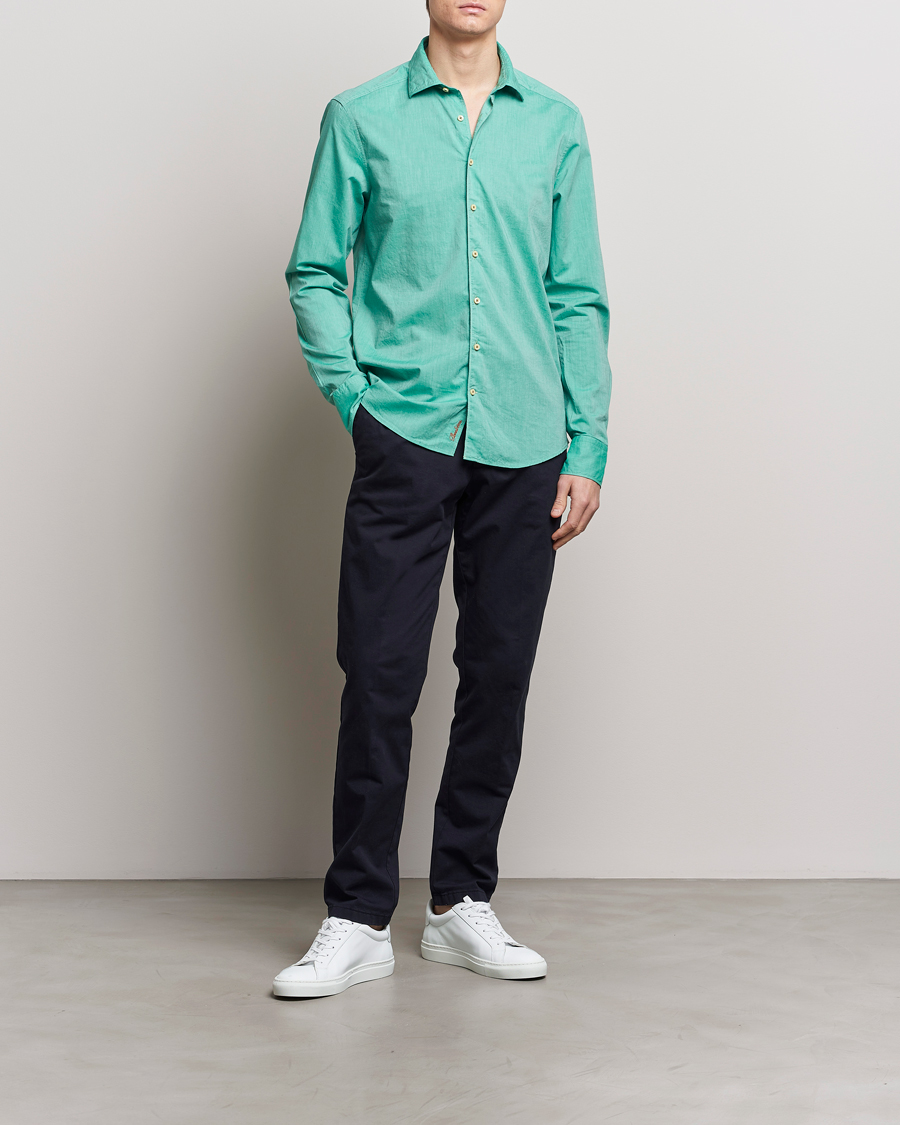 Men | Shirts | Stenströms | Slimline Washed Summer Poplin Shirt Green
