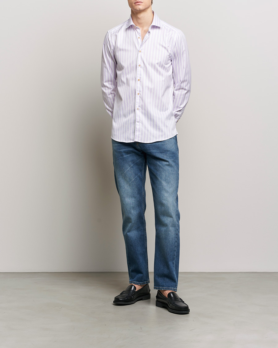 Men | Shirts | Stenströms | Slimline Large Stripe Washed Cotton Shirt Purple