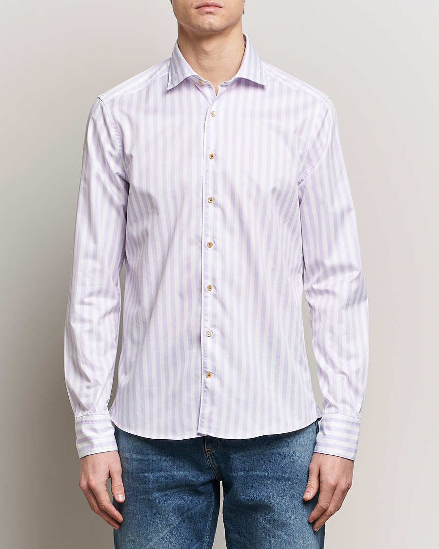 Men | Shirts | Stenströms | Slimline Large Stripe Washed Cotton Shirt Purple