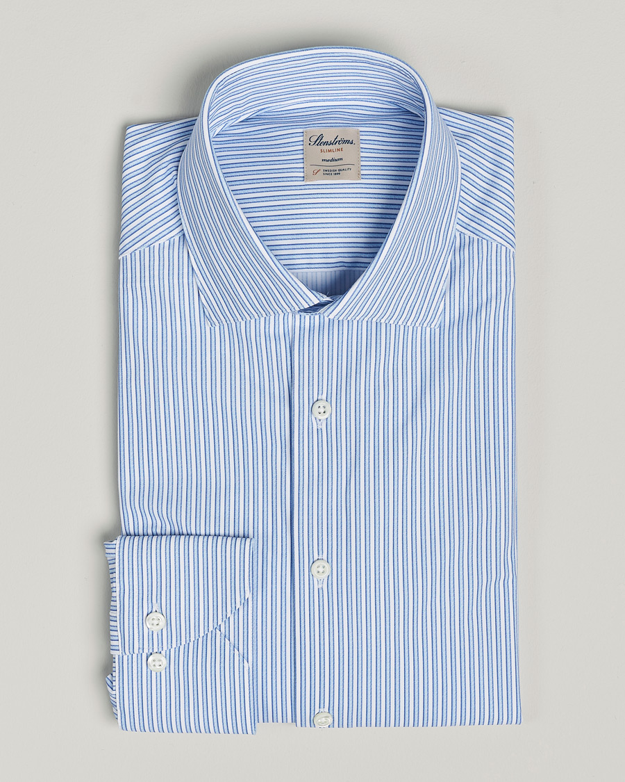 Men | Shirts | Stenströms | Slimline Striped Cut Away 4-Way Stretch Shirt Blue