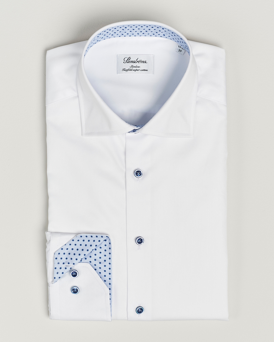 Men | Shirts | Stenströms | Slimline Cut Away Print Contrast Shirt White