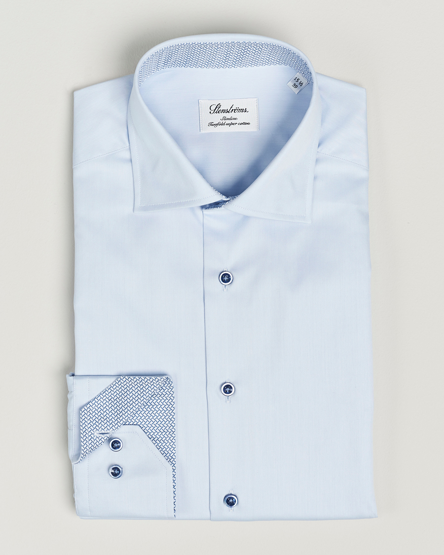 Men | Shirts | Stenströms | Slimline Cut Away Print Contrast Shirt Light Blue