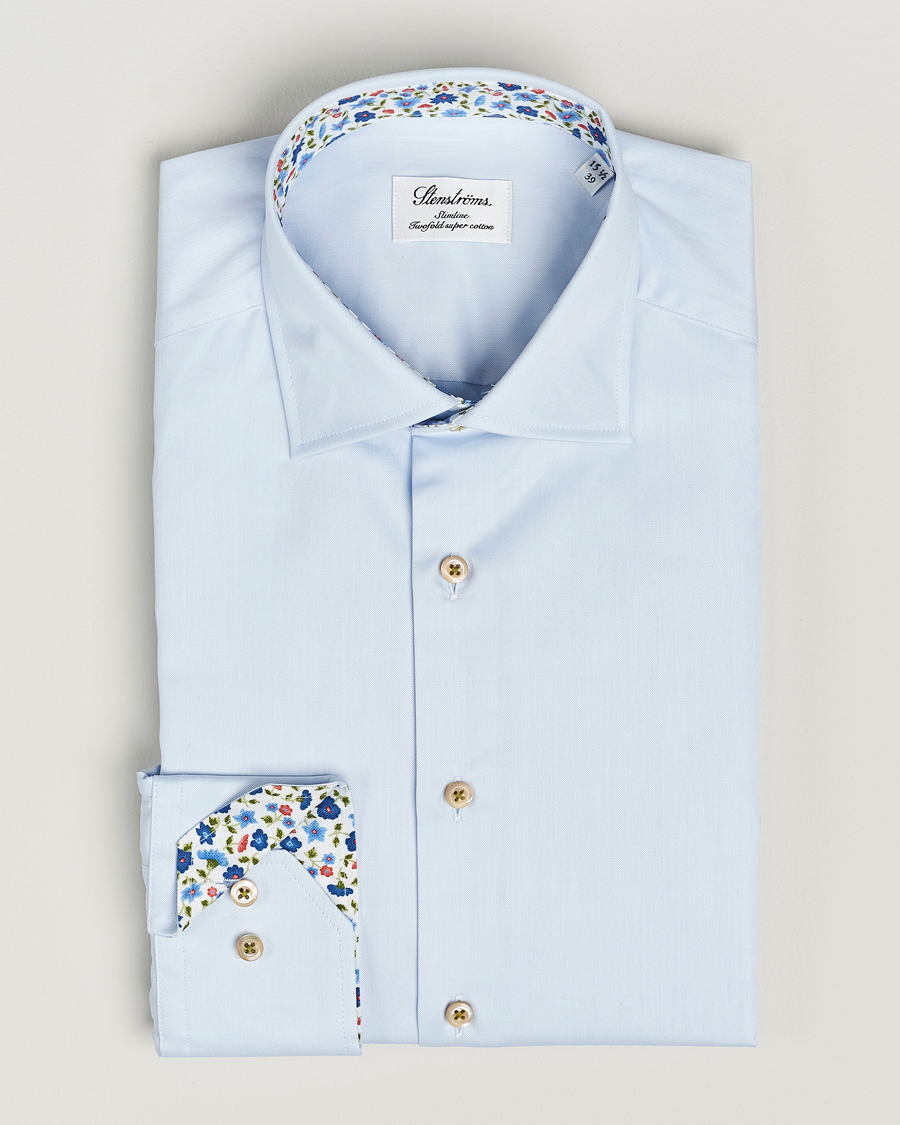 Men | Shirts | Stenströms | Slimline Cut Away Flower Contrast Shirt Light Blue