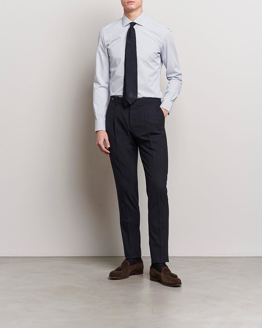 Men | Shirts | Mazzarelli | Soft Cotton Cut Away Shirt Blue Pinstripe