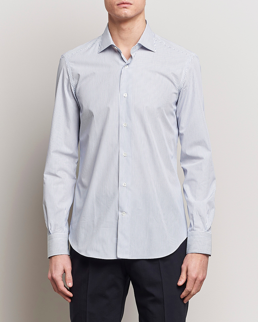 Men | Shirts | Mazzarelli | Soft Cotton Cut Away Shirt Blue Pinstripe