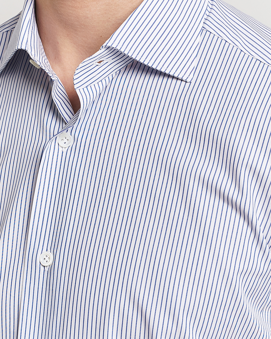 Men | Shirts | Mazzarelli | Soft Cotton Cut Away Shirt Blue Pinstripe