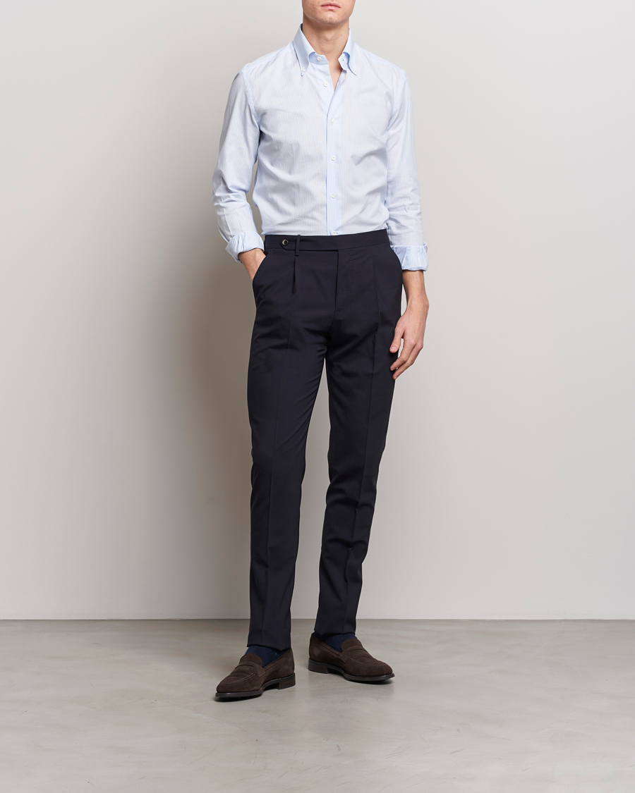Men | Shirts | Mazzarelli | Soft Oxford Button Down Shirt Light Blue Stripe
