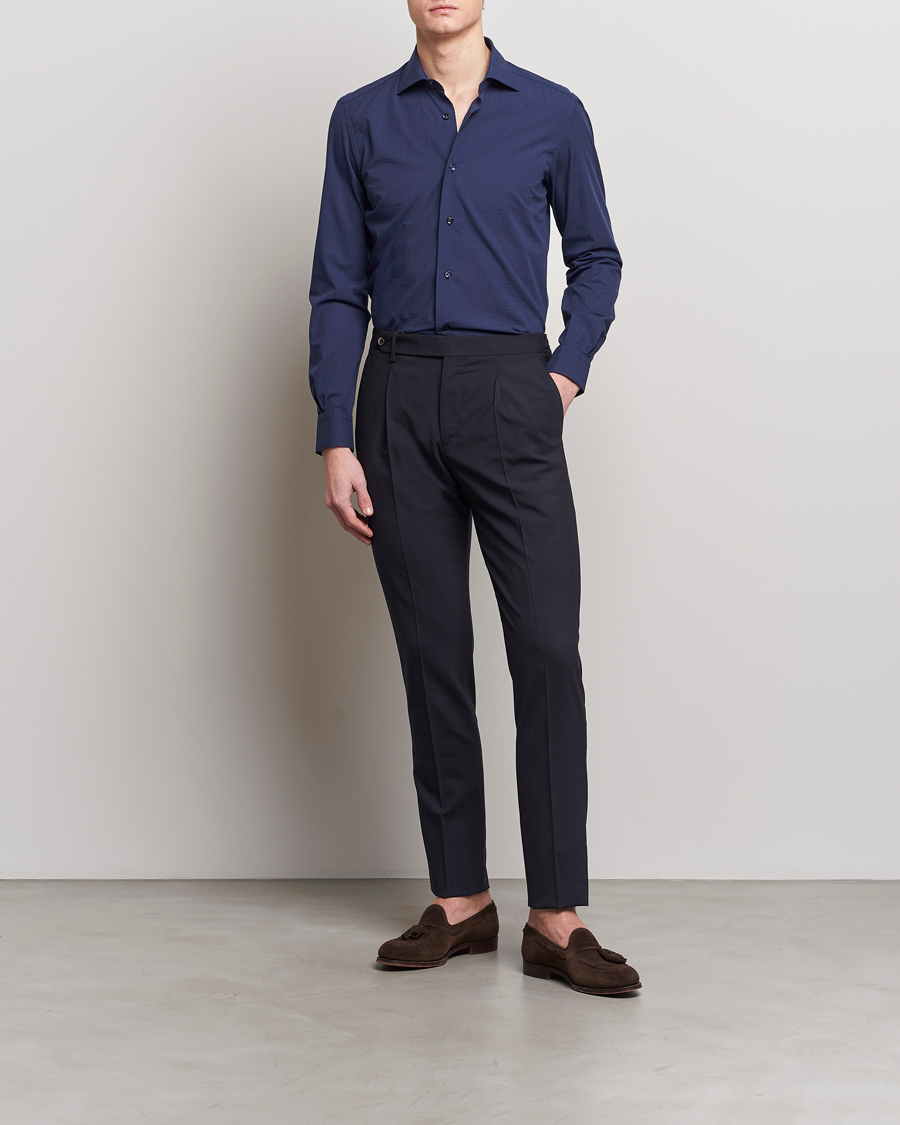 Men | Shirts | Mazzarelli | Soft Tonal Seersucker Shirt Navy