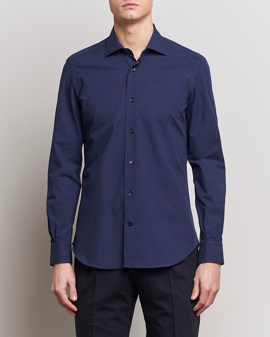 Men | Shirts | Mazzarelli | Soft Tonal Seersucker Shirt Navy