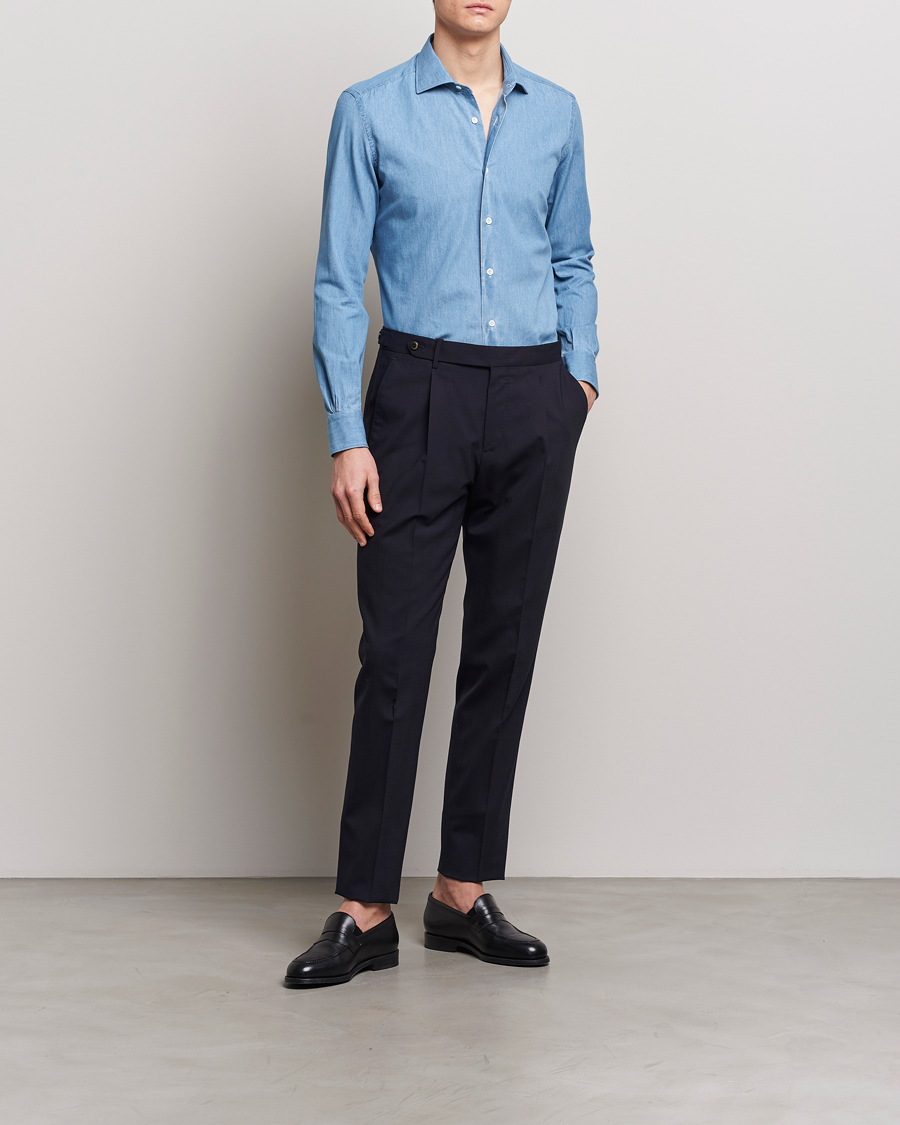 Men | Shirts | Mazzarelli | Soft Cotton Denim Shirt Bleached Denim