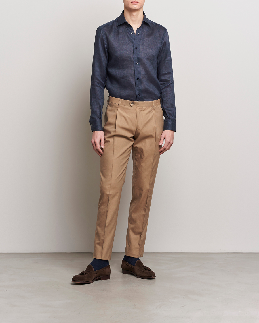 Men | Shirts | Mazzarelli | Soft Linen Cut Away Shirt Navy