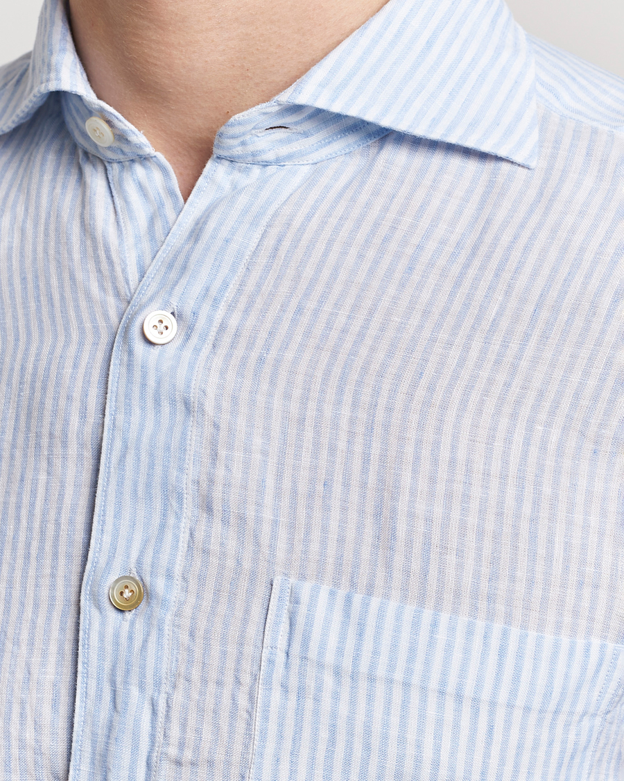 Men | Shirts | Finamore Napoli | Gaeta Striped Linen Pocket Shirt Light Blue
