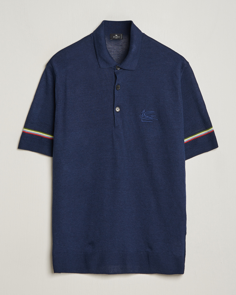 Men | Polo Shirts | Etro | Knitted Cotton/Linen Polo Navy