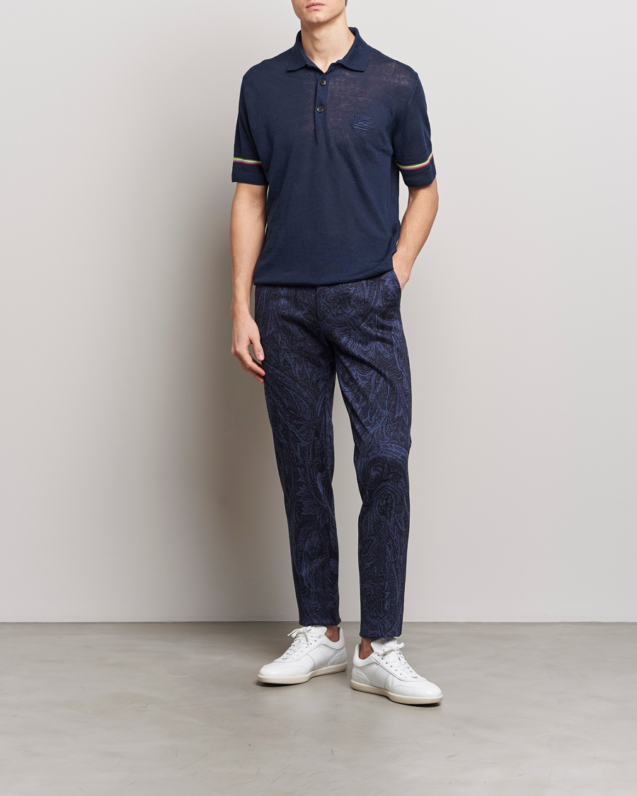 Men | Polo Shirts | Etro | Knitted Cotton/Linen Polo Navy