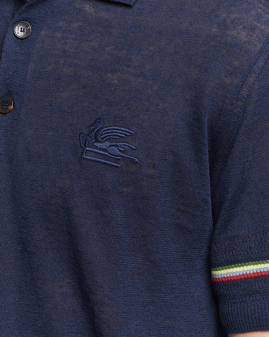 Men | Polo Shirts | Etro | Knitted Cotton/Linen Polo Navy