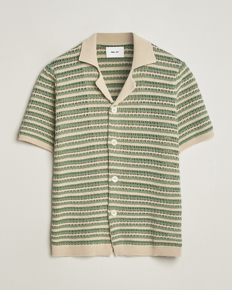 Men | Shirts | NN07 | Henry Knitted Striped Short Shleeve Shirt Ecru/Green