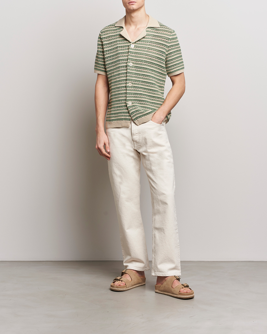 Men | Shirts | NN07 | Henry Knitted Striped Short Shleeve Shirt Ecru/Green
