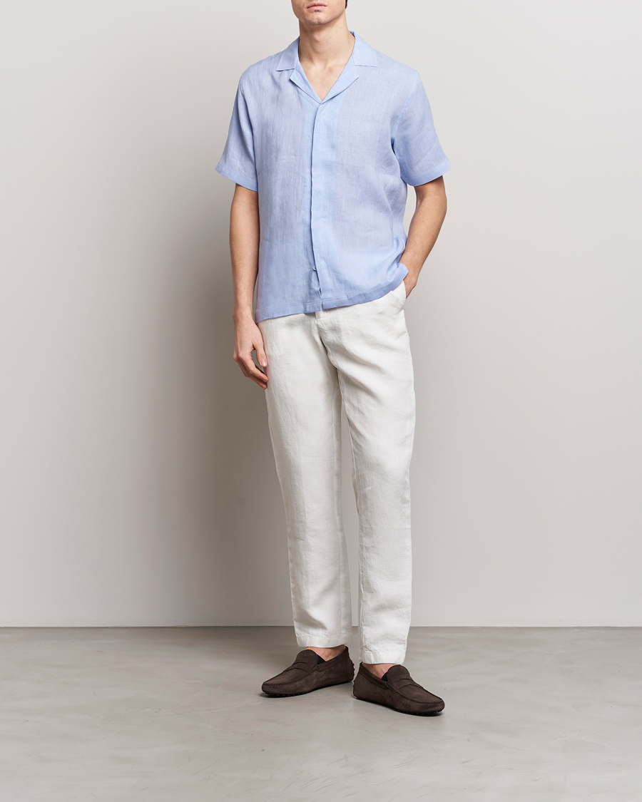 Men | Shirts | Orlebar Brown | Maitan Short Sleeve Linen Shirt Soft Blue