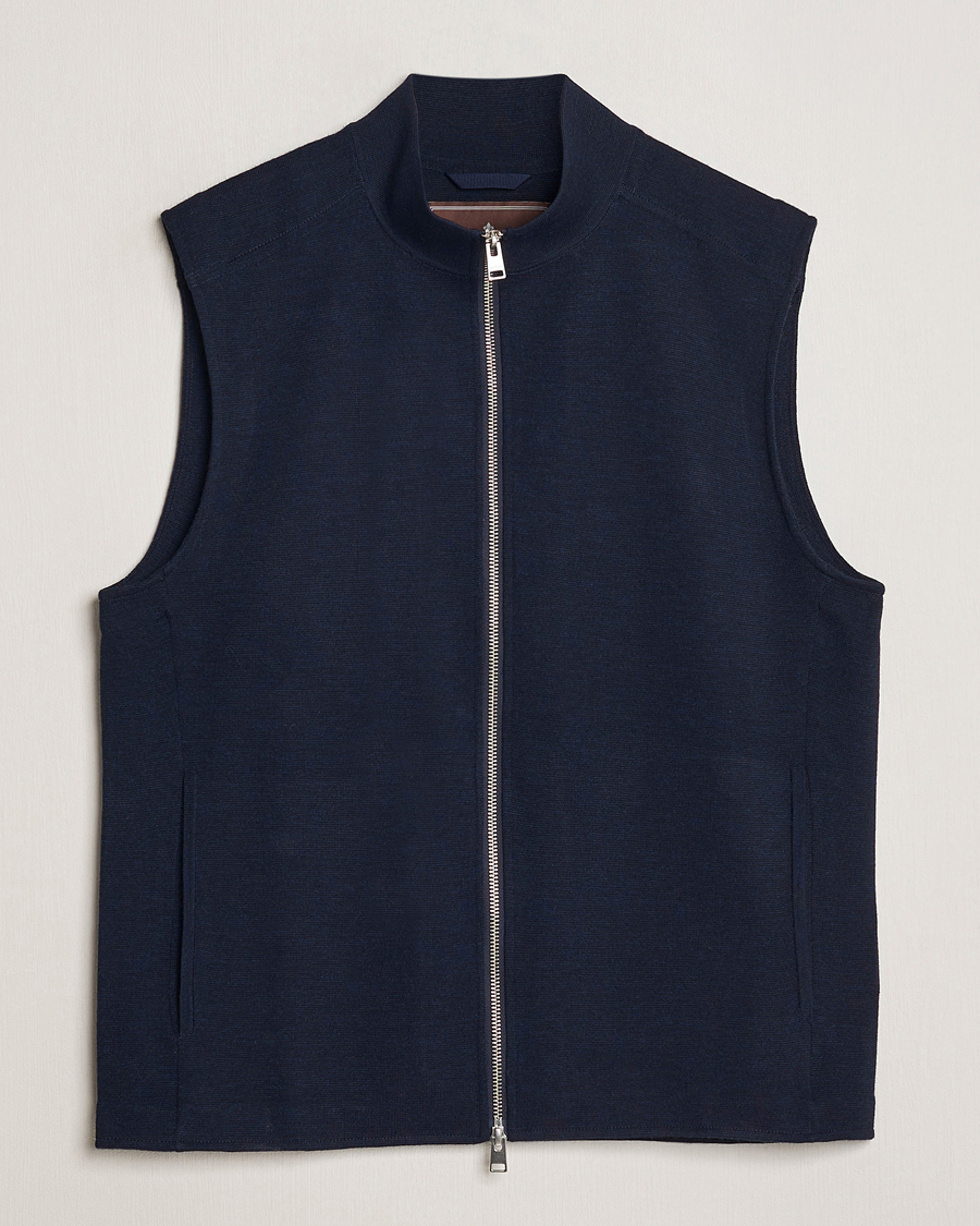 Men | Sweaters & Knitwear | Morris Heritage | Kayden Merino Full Zip Vest Navy