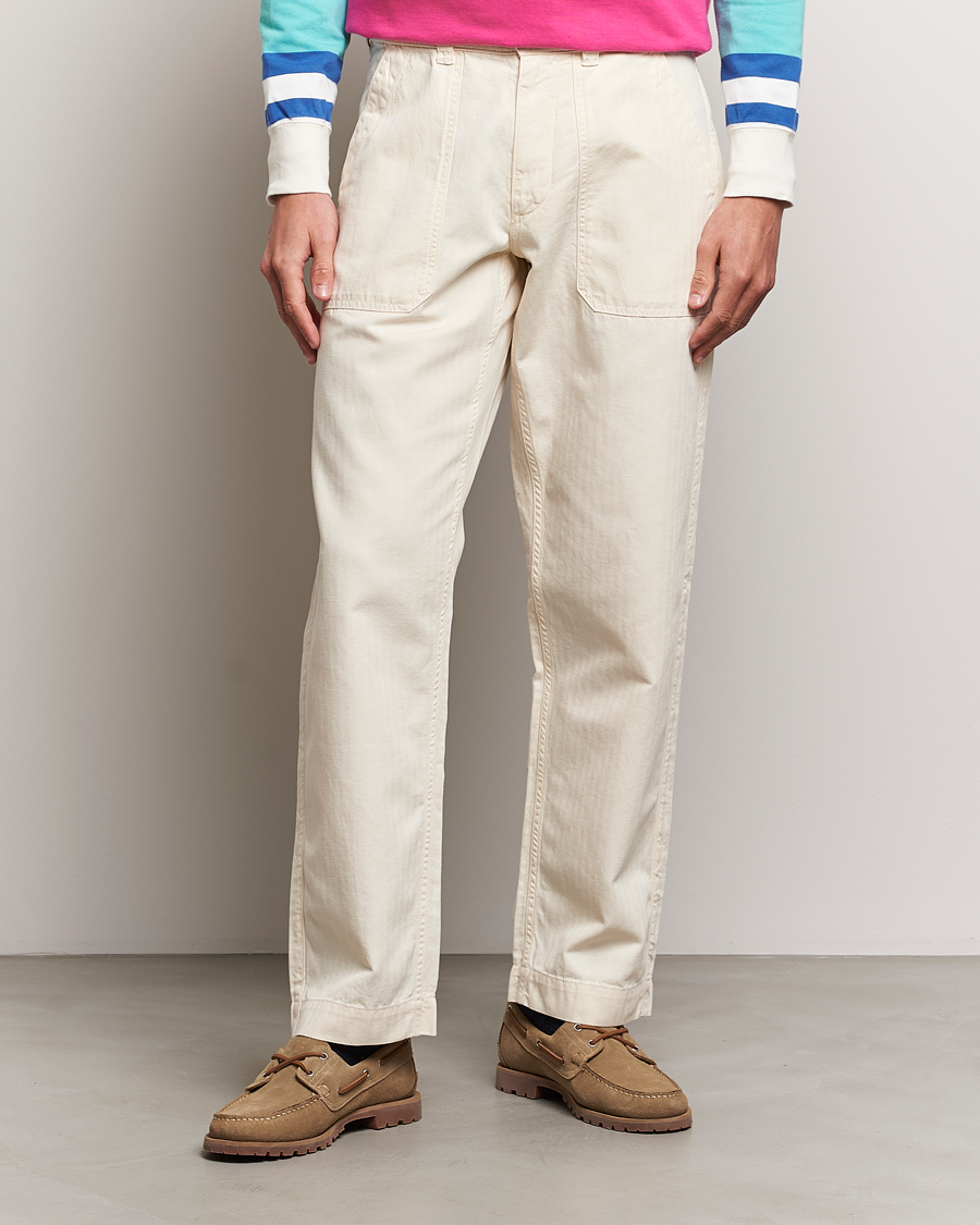 Men | Trousers | Drake's | Herringbone Fatigue Cotton Trousers Ecru