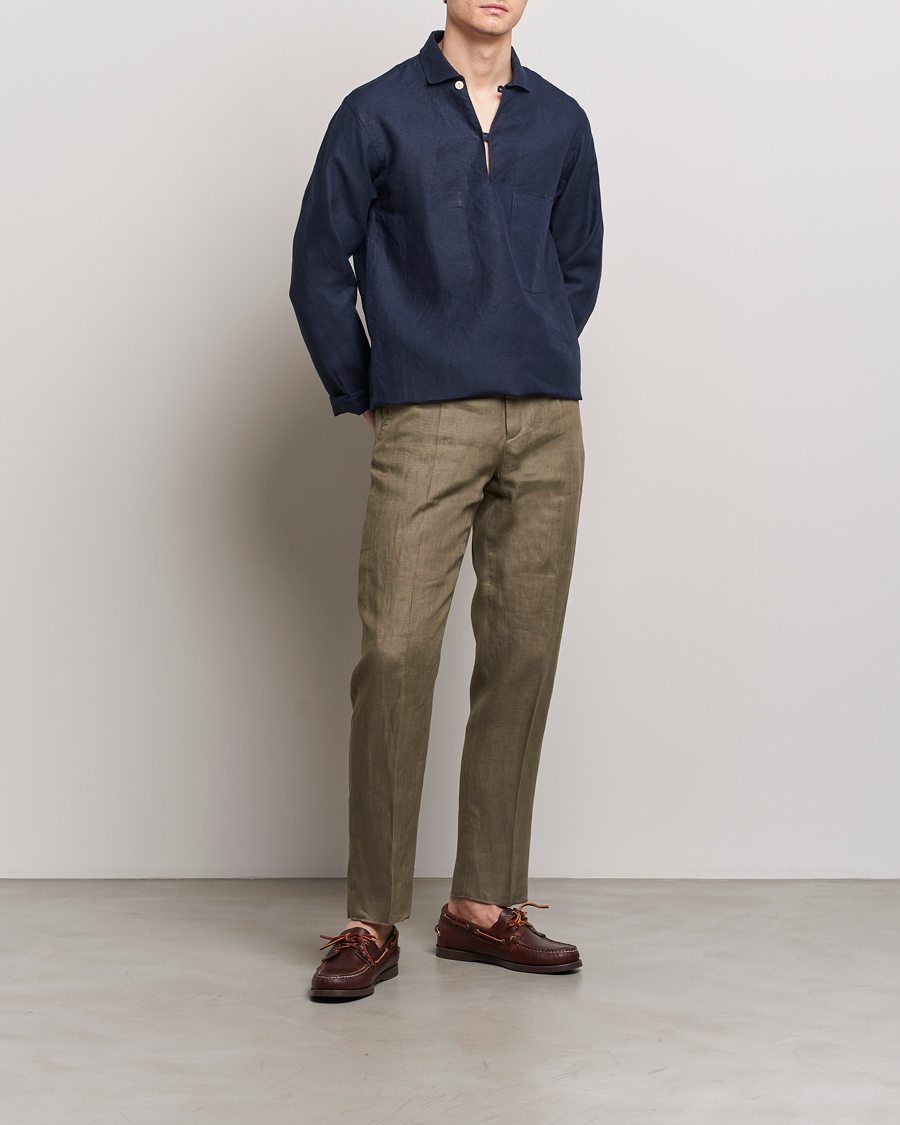 Men | Shirts | Drake's | Marine Linen Smock Navy