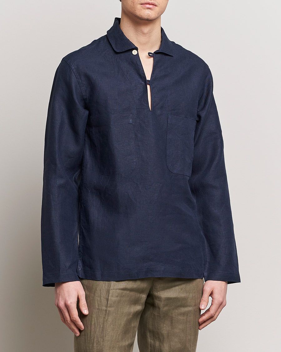 Men | Shirts | Drake's | Marine Linen Smock Navy