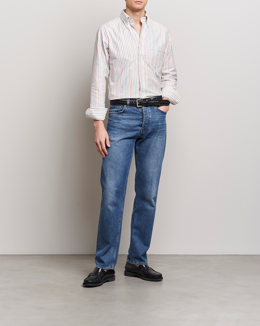 Men | Shirts | Drake's | Thin Tripple Stripe Oxford Shirt White