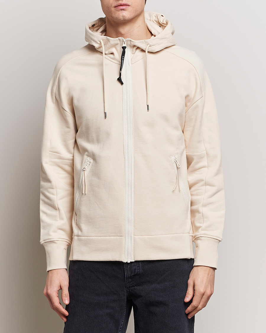 Men | Sweaters & Knitwear | C.P. Company | Diagonal Raised Fleece Full Zip Goggle Hoodie Ecru