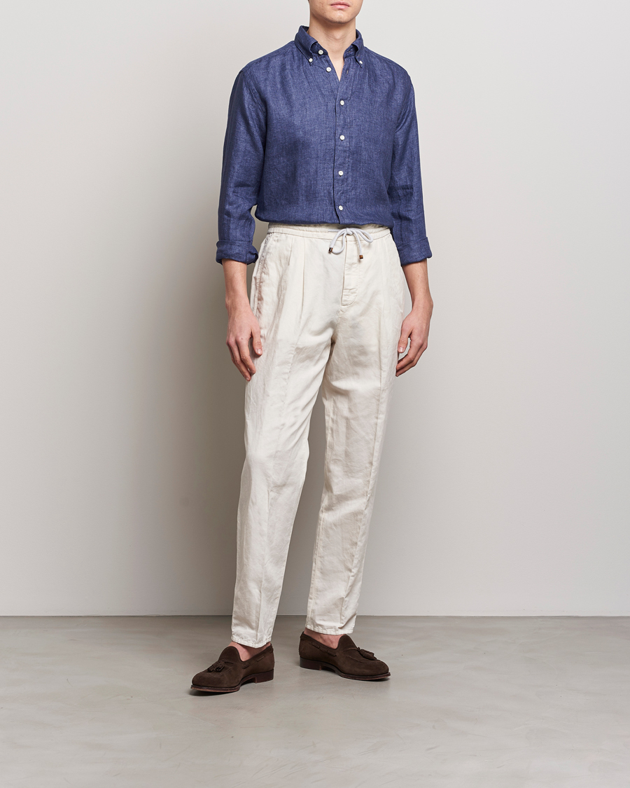 Men | Shirts | Eton | Slim Fit Linen Button Down Shirt Navy Blue