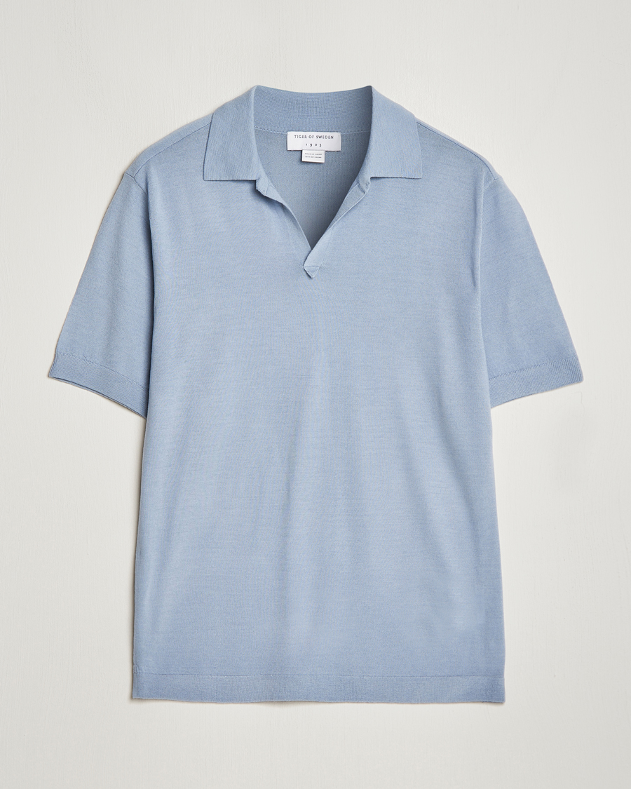 Men | Polo Shirts | Tiger of Sweden | Beker Knitted Merino Open Collar Polo Polar Blue