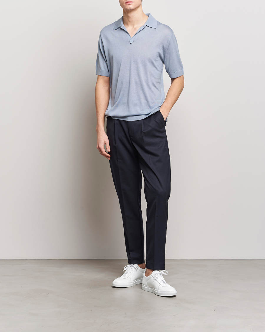 Men | Polo Shirts | Tiger of Sweden | Beker Knitted Merino Open Collar Polo Polar Blue