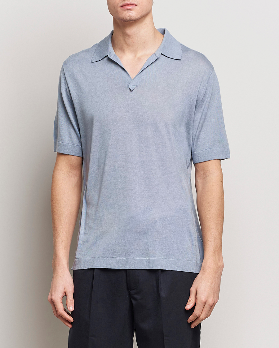 Men | Polo Shirts | Tiger of Sweden | Beker Knitted Merino Open Collar Polo Polar Blue