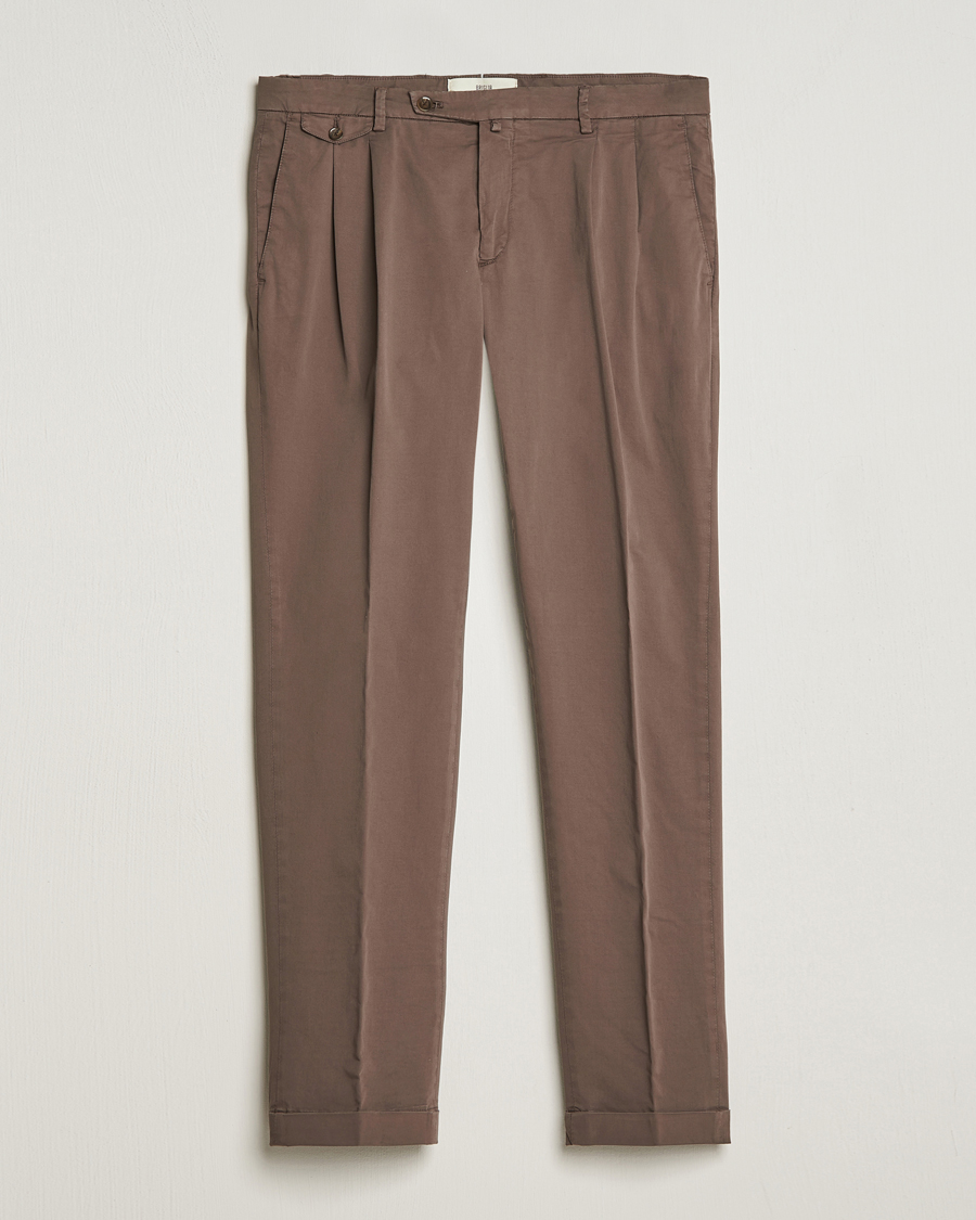 Men | Trousers | Briglia 1949 | Easy Fit Pleated Cotton Stretch Chino Brown