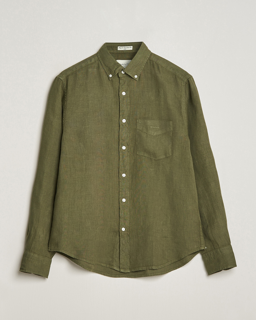 Men | Shirts | GANT | Regular Fit Garment Dyed Linen Shirt Juniper Green