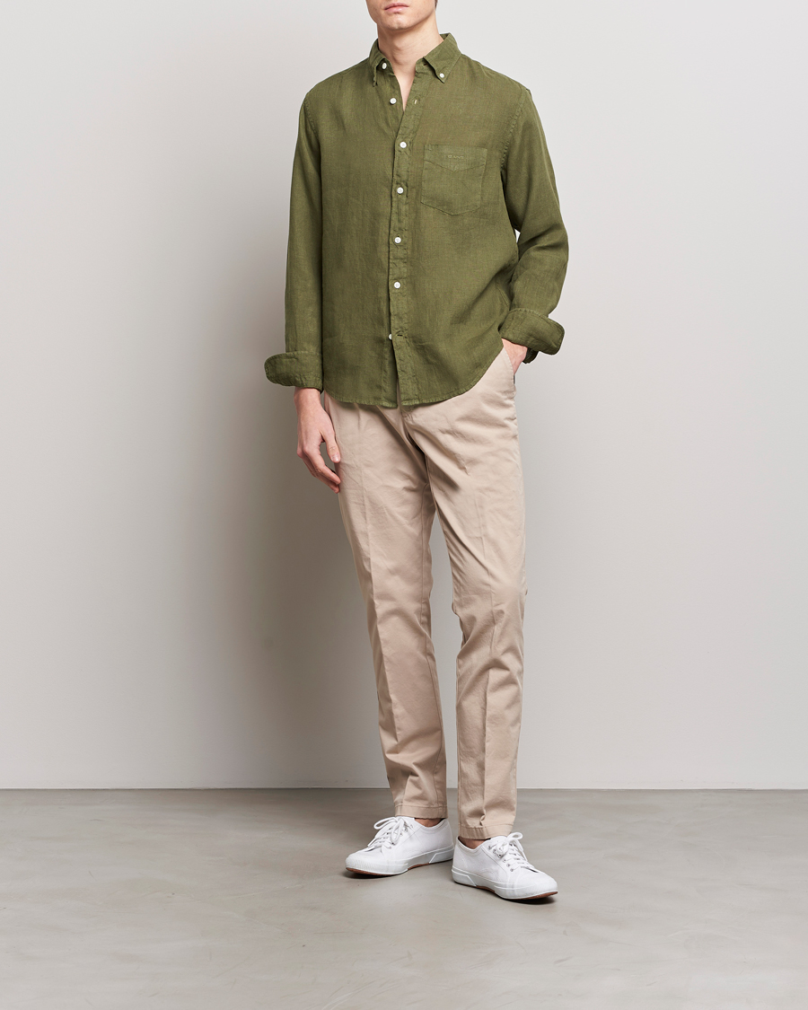 Men | Shirts | GANT | Regular Fit Garment Dyed Linen Shirt Juniper Green