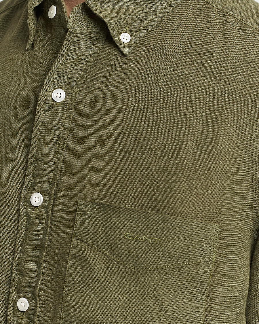 Men | Shirts | GANT | Regular Fit Garment Dyed Linen Shirt Juniper Green