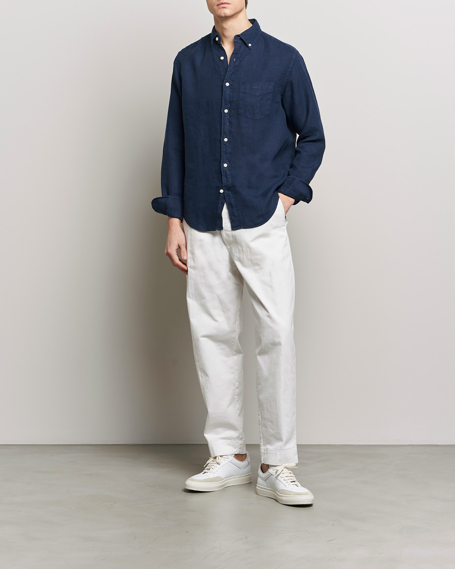 Men | Shirts | GANT | Regular Fit Garment Dyed Linen Shirt Marine