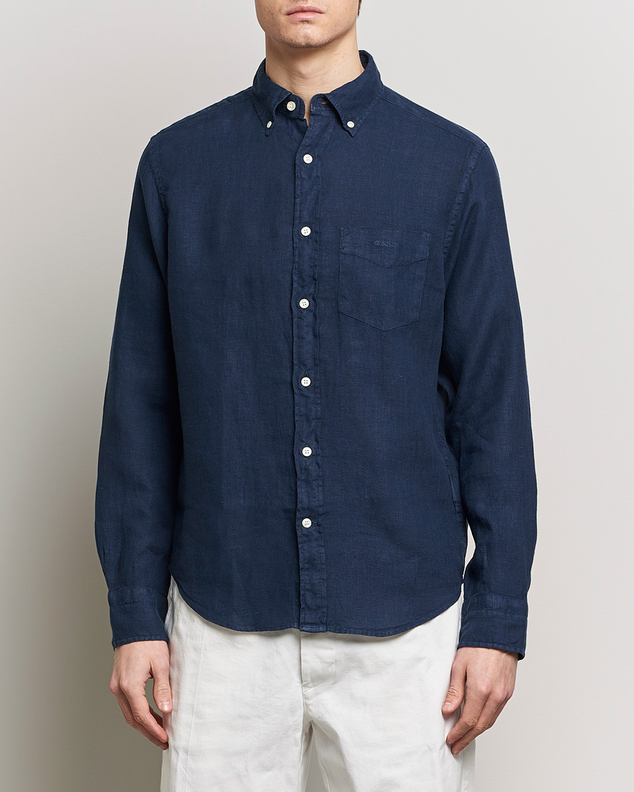 Men | Shirts | GANT | Regular Fit Garment Dyed Linen Shirt Marine