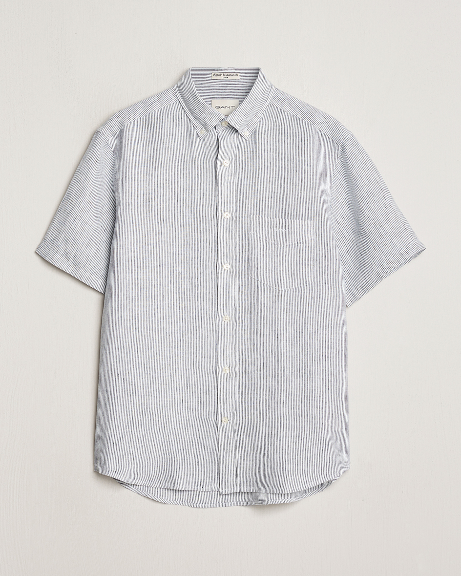 Men | Shirts | GANT | Regular Fit Striped Linen Short Sleeve Shirt White/Blue