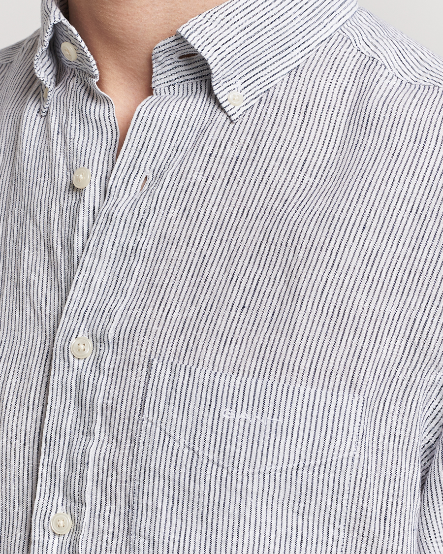 Men | Shirts | GANT | Regular Fit Striped Linen Short Sleeve Shirt White/Blue