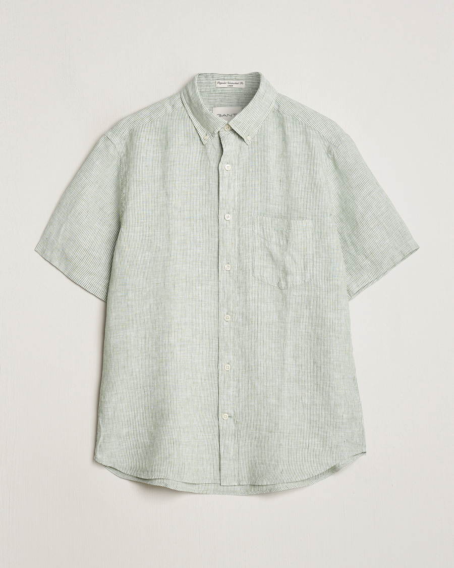 Men | Shirts | GANT | Regular Fit Striped Linen Short Sleeve Shirt Green/White