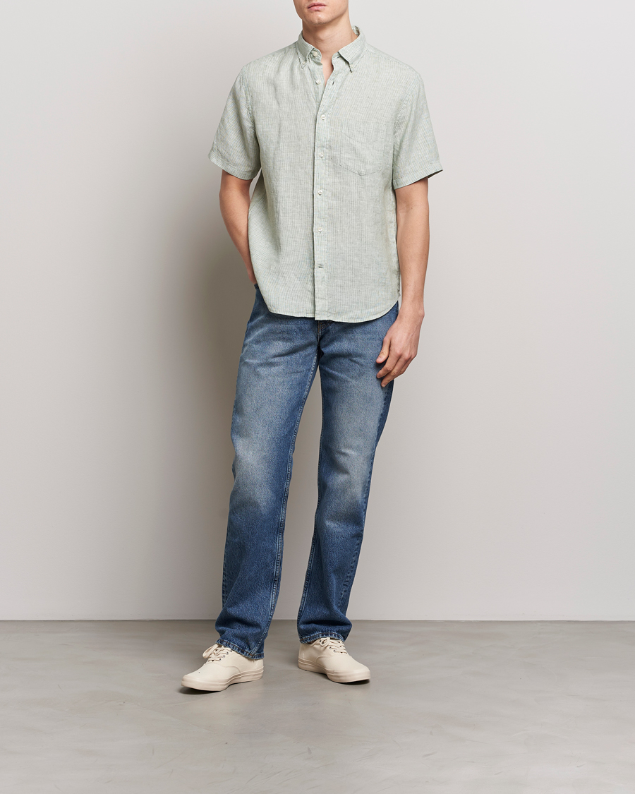 Men | Shirts | GANT | Regular Fit Striped Linen Short Sleeve Shirt Green/White