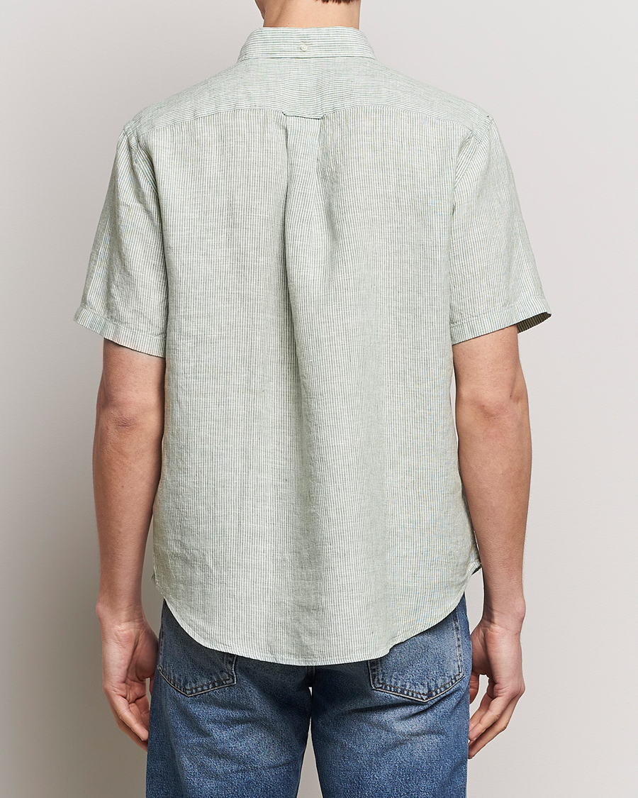 Men | Shirts | GANT | Regular Fit Striped Linen Short Sleeve Shirt Green/White