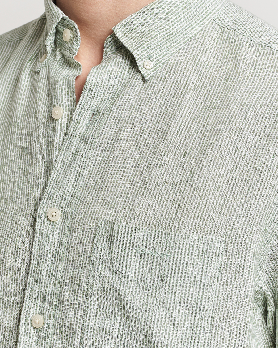 Men | Shirts | GANT | Regular Fit Striped Linen Short Sleeve Shirt Green/White