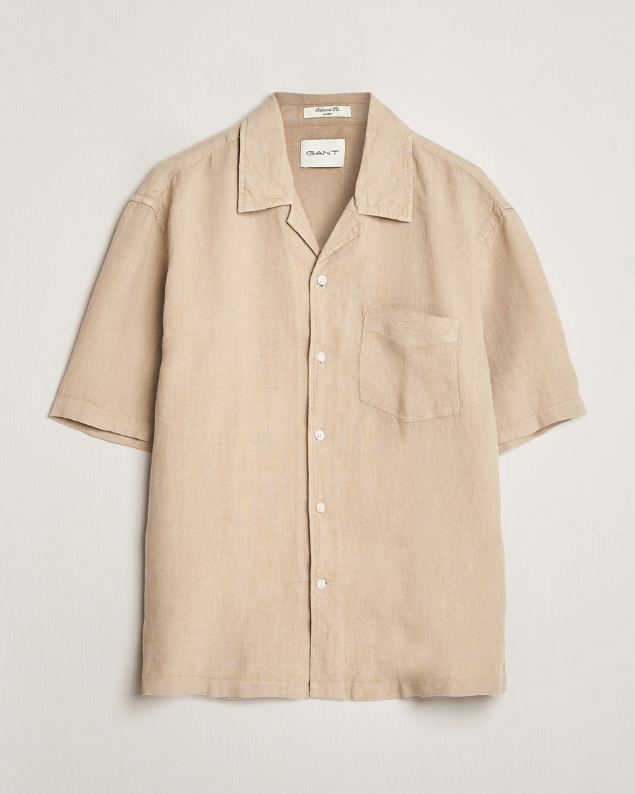 Men | Shirts | GANT | Relaxed Fit Linen Resort Short Sleeve Shirt Concrete Beige