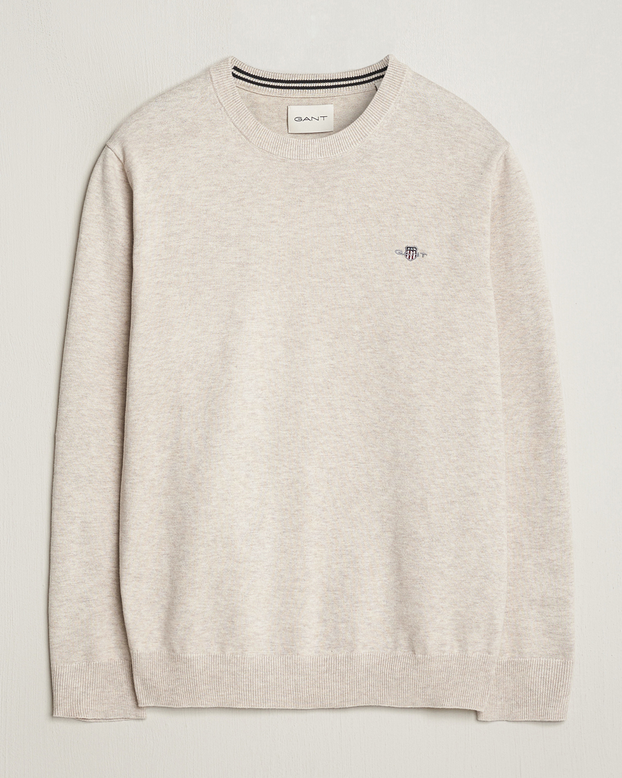 Men | Sweaters & Knitwear | GANT | Classic Cotton Crew Neck Light Beige Melange