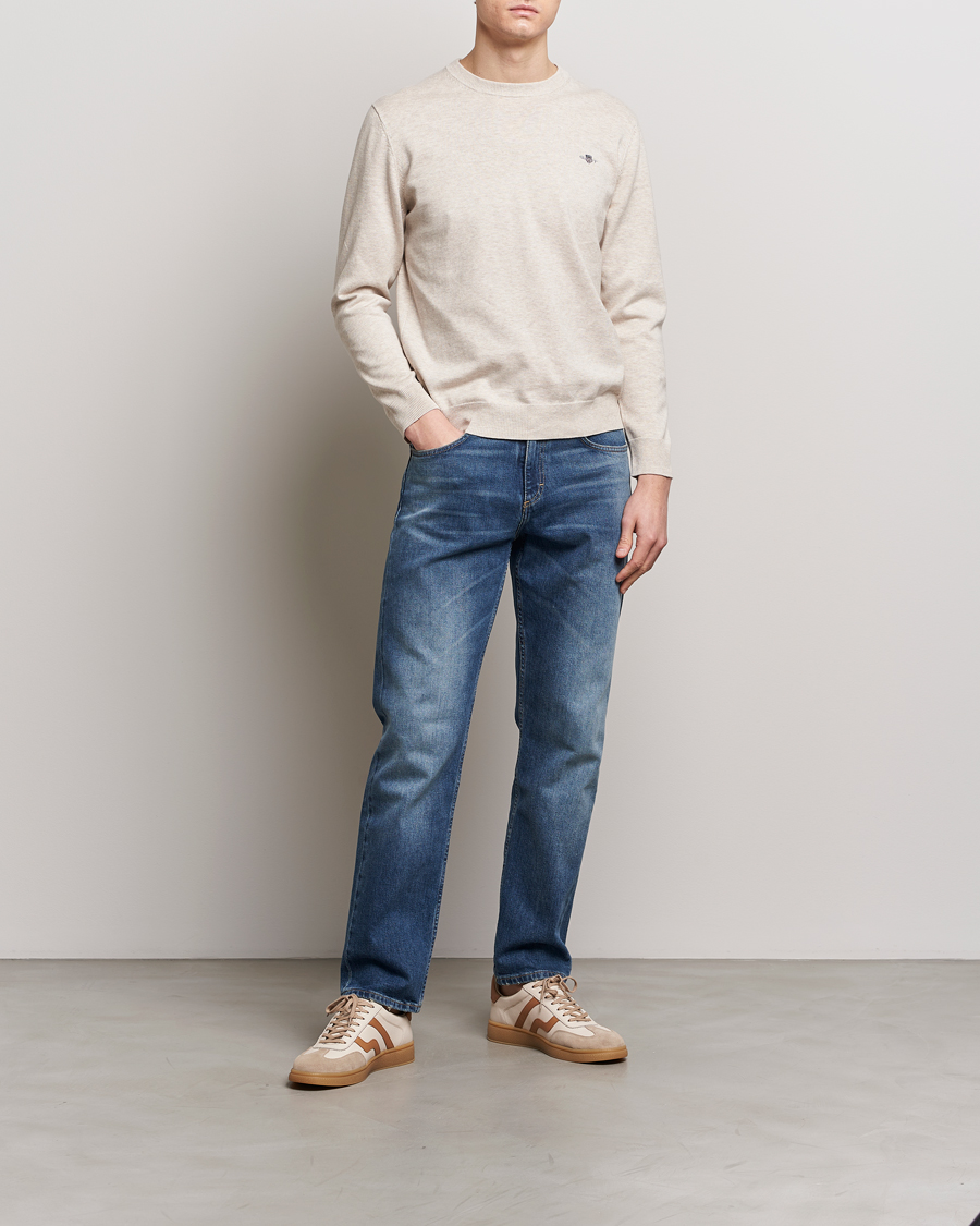 Men | Sweaters & Knitwear | GANT | Classic Cotton Crew Neck Light Beige Melange